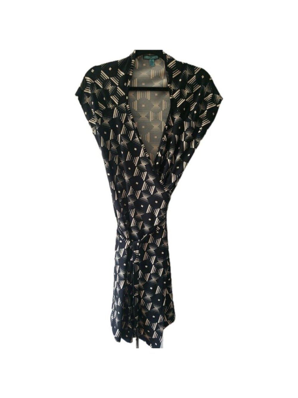 Louie Lucie Wrap Dress Geometric Print Tie  Stretch Work Career Knee Length L